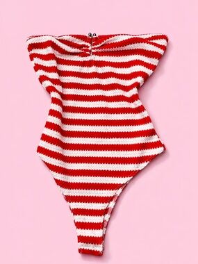 Red and White Striped Strapless One-Piece